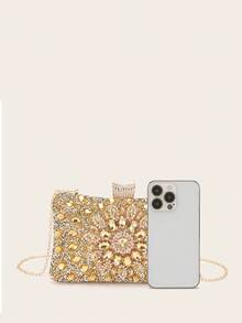 Women's Rhinestone Jewelry Set, Shiny Necklace Earrings Bracelet Set, Evening Clutch, Bridal Wedding Shiny Sunflower Crystal Glass Diamond Decor Wallet, Women's Ball Gown Bag With Detachable Metal Chain, Suitable For Wedding And Party Shoulder Bag, Women's Clutch, Women's Evening Handbag, Multifunctional Shiny Tote Bag, New Cocktail Wedding Wallet Party Bag