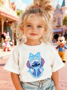 Disney Girls' T-Shirt, Featuring A Creative Stitch Bow Design With Adorable Double-Sided Cartoon Prints. This Summer Cotton Crew-Neck Short-Sleeve Tee Is Perfect For Everyday Wear, Vacations, Outdoor Activities, And As A Gift For Children. - White - View 2
