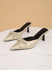 Damen Mode Spitze Zehen Schleife Slip On Mules, bequeme vielseitige High Heel rückenfreie Sandalen, Sommer - Beige - Übersicht 7