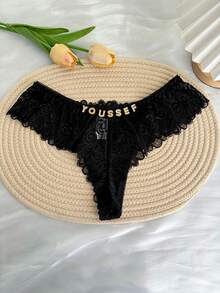 Custom Rhinestone Letter Name Text & Special Date Sexy Lace Floral Panties Low Rise Underwear Personalized Gift For Wife Lover Anniversary Festival - Black - View 4