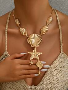 1pc New Creative Beach Vacation Style Ocean Creature Starfish & Shell Minimalist Seaside Party Fashion Summer Y-Shaped Long Necklace - Golden - View 1