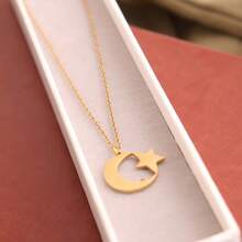 Gold-Plated Stainless Steel Crescent Moon & Pentagram Necklace, Religious Amulet Pendant - Necklace - View 4