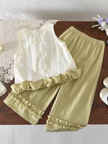 bearleader 2pcs Girls Outfit, Sleeveless Patchwork Top Paired With Solid Color Pants, Casual Wear For Girls Aged 3-7 - 黃色 - 查看 2