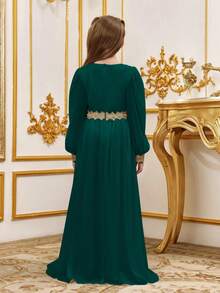 ALISA&LEO Girls Elegant V-Neck Long Lantern Sleeve Maxi Dress With Gold Embroidery Waist For Wedding Guest, Eid, Evening Party & Special Occasions - Dark Green - View 1