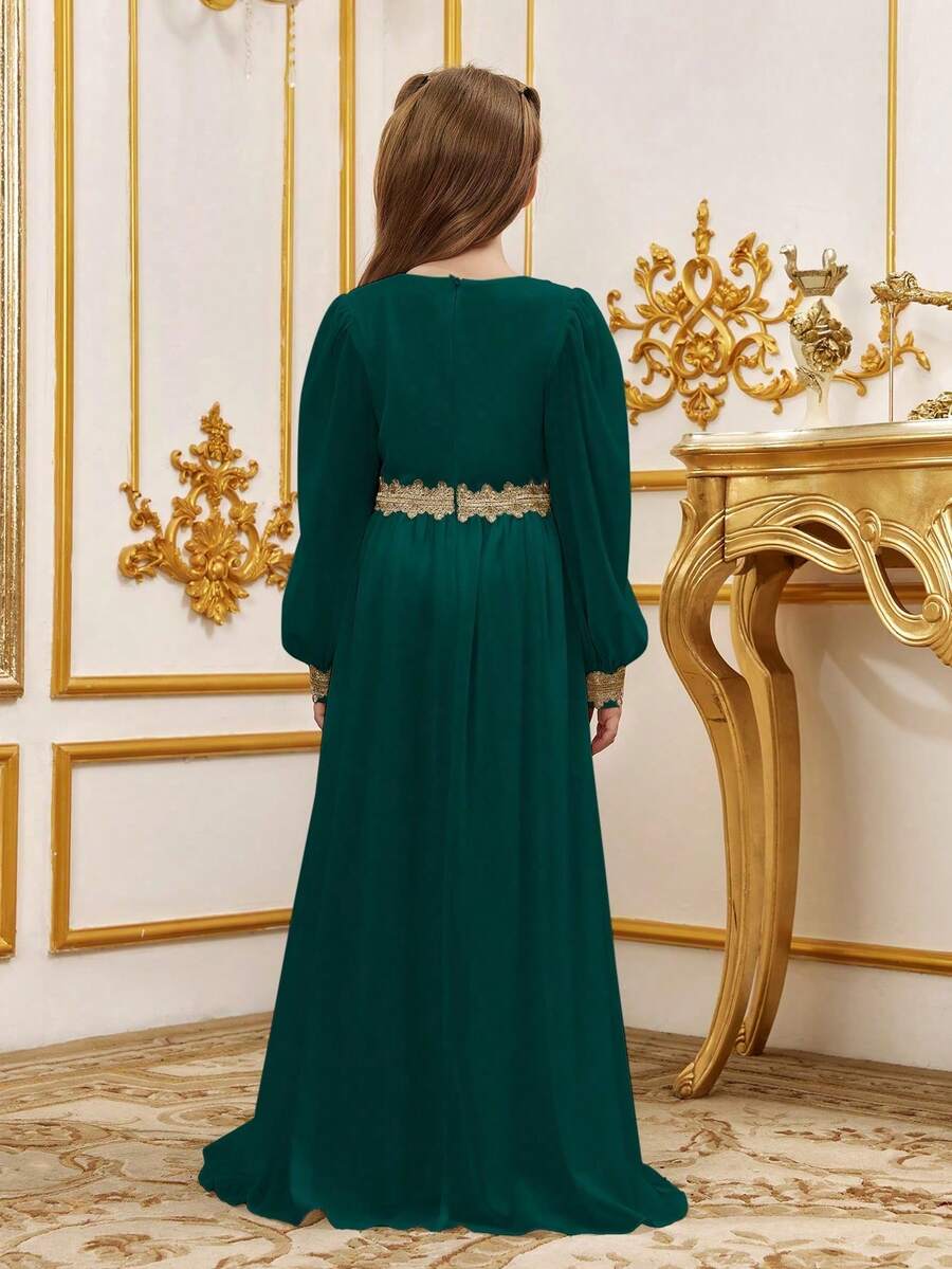 ALISA&LEO Girls Elegant V-Neck Long Lantern Sleeve Maxi Dress With Gold Embroidery Waist For Wedding Guest, Eid, Evening Party & Special Occasions - Dark Green - View 1