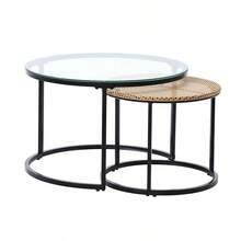 Et Of 2 Nesting Round End Side Coffee Tables With Glass And Rattan Top - Black - View 10