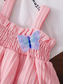 2件套女婴套装，粉色蝴蝶刺绣连体衣配同款帽子，春夏款 - 粉色 - 查看 5