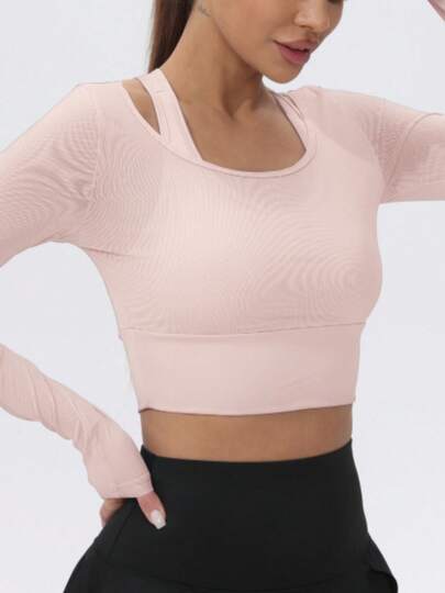 1 buah Kaos Yoga Wanita Lengan Panjang Jala Model Pendek dengan Bantalan Bra Terintegrasi, Warna Pink, Cocok untuk Olahraga Musim Semi