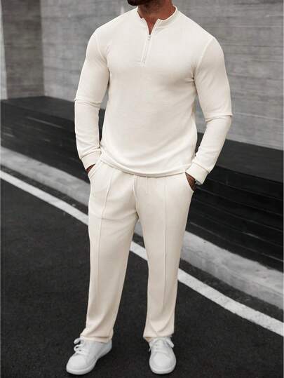 2pcs Men's New Half-Zip Design Pants, Beige Color, Drawstring Waist, Simple Yet Stylish, Suitable For Casual Daily Wear