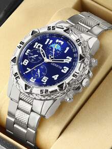 Set de 4 relojes de hombre de estilo hip hop en color plateado con acero inoxidable, adecuados para uso diario, reuniones de negocios, fiestas de cumpleaños, regalos del Día de San Valentín, regalos para novio/Día del Padre, casual y deportivo - Plateado - Ver 5