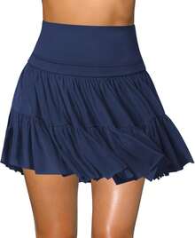 Women's Mini Skirt Skort Flowy Pleated High Waisted Ruffle Tennis Skirts For Women Athletic Skater Golf With Shorts Pockets - 藏蓝色 - 查看 12