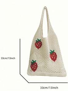 女士草莓印花钩编沙滩手提包，大容量夏季度假包，敞口白色涤纶材质，便携式镂空天然面料沙滩包 - 彩色 - 查看 3