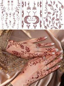 3张全手花卉图案设计，棕红色酒红色性感脚趾手指手部纹身贴纸，女士花卉海娜纹身贴纸，防水花卉贴纸，棕色纹身贴纸，女士人体艺术贴纸，婚礼派对月亮棕红色纹身贴纸 - 紅色 - 查看 1