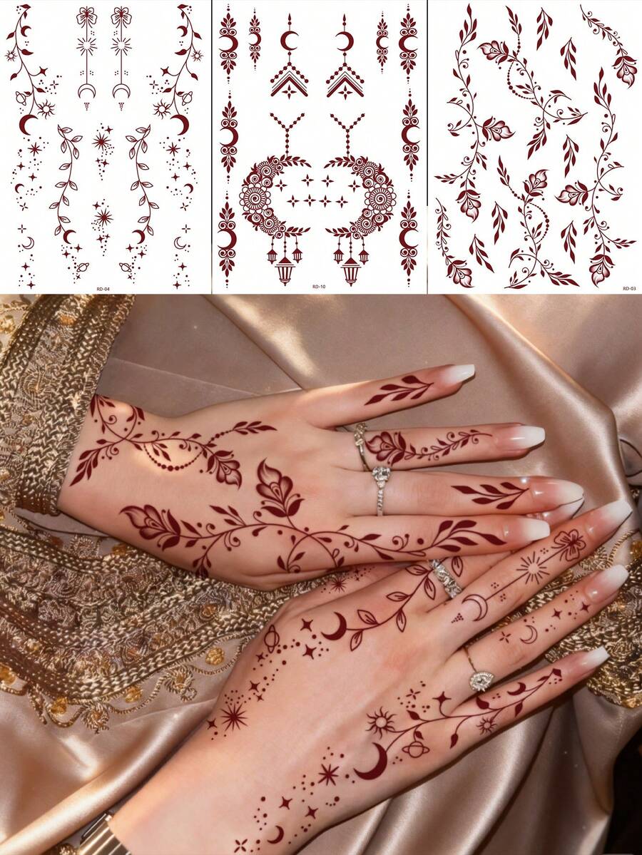 3张全手花卉图案设计，棕红色酒红色性感脚趾手指手部纹身贴纸，女士花卉海娜纹身贴纸，防水花卉贴纸，棕色纹身贴纸，女士人体艺术贴纸，婚礼派对月亮棕红色纹身贴纸 - 紅色 - 查看 1
