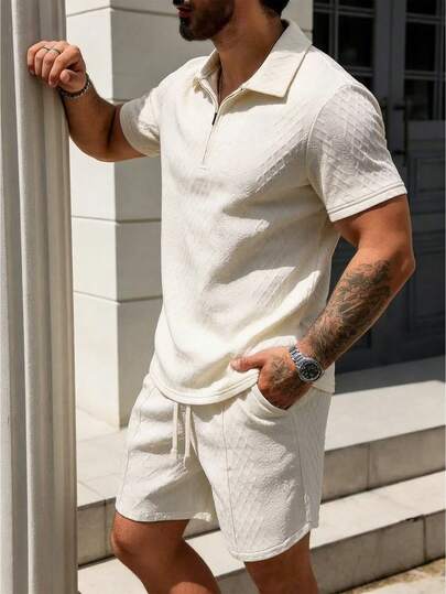 Bộ áo polo nam thời trang thường ngày, áo sơ mi ngắn tay có cổ và quần short, thích hợp cho mùa hè.