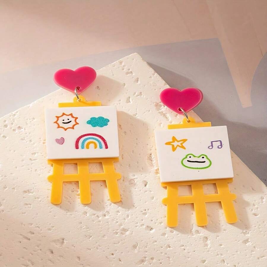 Pair Of Cute Acrylic Cartoon Earrings - Mini Sun, Rainbow, Cloud & Heart Designs With Smiling Faces, Perfect For Back-To-School, Teacher's Day, Or Casual Attire, Graduation Jewelry| Colorful Jewelry| Acrylic Earrings, Quirky Earrings - 彩色 - 查看 1