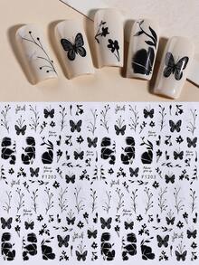 2片黑色蝴蝶花朵美甲贴纸，优雅黑色藤蔓图案，自粘3D美甲贴纸，美甲装饰DIY春季美甲用品，适合女性指甲 - 黑色 - 查看 8
