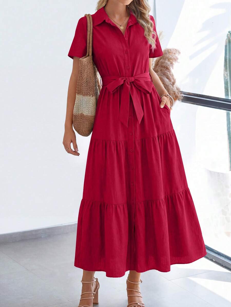 Women's Summer Dresses Short Sleeve Fluttering Multi Layers Beach Sundresses Buckle Wedding Shirt Dresses - Burgundy - View 1