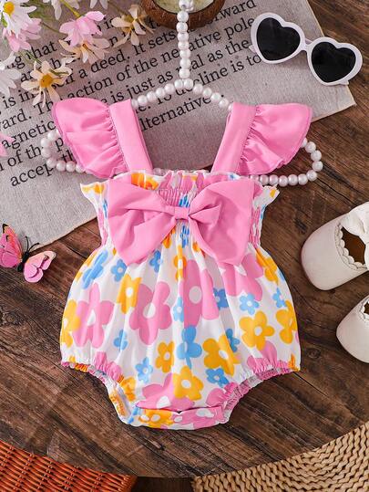 Baby Girl Floral Romper, Pink Ruffle Strap + Big Bow Decor, Cute & Sweet, Spring/Summer