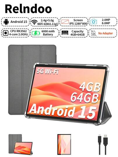 Relndoo 2025 Latest Android 15 Tablet PC, 10.1 Inch, With Protective Case, RK3562 Quad-Core 2.0 GHz Processor, (4GB+64GB) Memory + Storage, Android 15 OS, 6000mAh Battery, 2MP+8MP Dual Cameras, 1280*800 HD Touchscreen, Wireless Connectivity, 802.11n Wi-Fi 6 2.4G/5.0G, GMS Certified Tablet, Includes Tablet Screen Protector (Adapter Not Included) - Grey