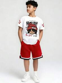 Youth Boy Cartoon Graphic Print Round Neck Short Sleeve T-Shirt And Shorts - White - View 1
