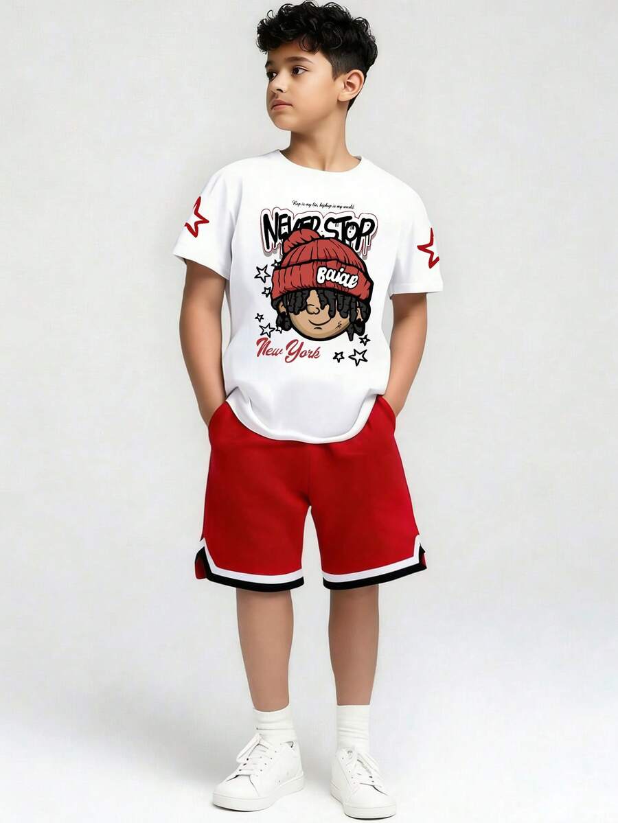 Youth Boy Cartoon Graphic Print Round Neck Short Sleeve T-Shirt And Shorts - White - View 1