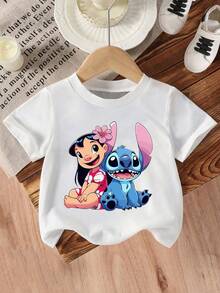 Disney Girls' T-Shirt, Stitch And Lilo Cartoon Print, Summer Cotton Crew Neck Short Sleeve For Girls, Perfect For Everyday Wear, Vacations, Outdoor Activities, And As A Gift For Kids. - 白色 - 查看 2