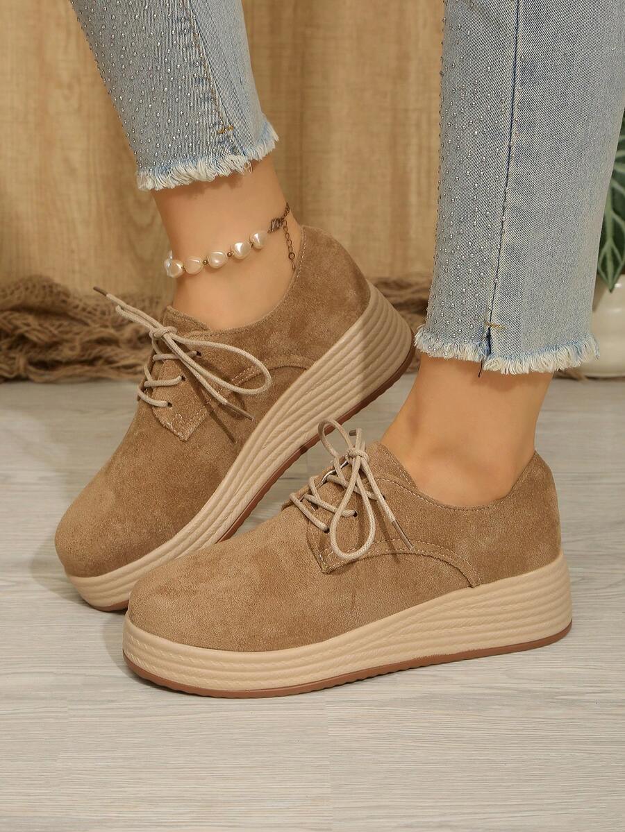 女士纯色时尚鞋，系带低帮厚底坡跟鞋，圆头百搭休闲鞋 - 卡其色 - 查看 1