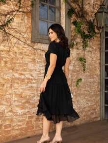 Elegant Boho Chiffon Midi Dress With Elastic Waist, Ruffled Hem, Pleated, Layered, Modest Fashion, Wedding, Summer - Hitam - View 2