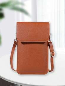 Women's Chic Cell Phone Crossbody Purse - Solid Color Mini Shoulder Bag With Adjustable Strap, Transparent Window & Card Slots For Shopping & Daily Use - Brown - View 1