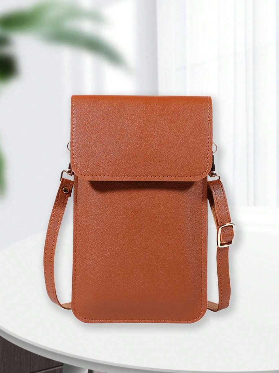Women's Chic Cell Phone Crossbody Purse - Solid Color Mini Shoulder Bag With Adjustable Strap, Transparent Window & Card Slots For Shopping & Daily Use - Brown - View 1