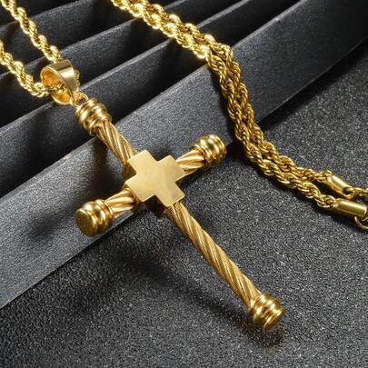 18K镀金复古纹理圆柱形十字架吊坠项链，朋克风格，男女皆宜，适合日常佩戴、派对、教堂等各种场合。