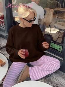 HoloChill 女士休闲圆领纯色套头毛衣，夏季休闲新款嘉年华 - 咖啡棕 - 查看 8