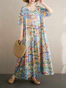 Đầm mùa hè phong cách Bohemian dành cho nữ năm 2026, đầm đi nghỉ mát cỡ lớn, cổ tròn tay ngắn, vải dệt in họa tiết mùa hè, gấu đầm thông thường có túi, đầm đi biển ôm dáng thanh lịch. - Nhiều màu - Xem 2