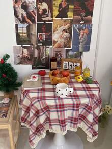 1件复古红色格子桌布，节日派对红色餐桌布，茶几野餐背景布 - 彩色 - 查看 4