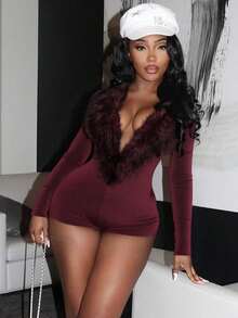 Women's Sexy Fur Collar Deep V-Neck Long Sleeved Tight Jumpsuit Slim Fit Shorts Enterizo Para Mujer Mono Para Mujer One Piece Jumpsuit Rompers Bodysuits Full Body Suit Gift For Valentine's Day And Graduation Party Birthday Celebrations Back-To-School Night Date - 酒紅色 - 查看 1