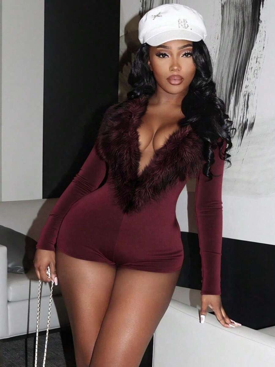 Women's Sexy Fur Collar Deep V-Neck Long Sleeved Tight Jumpsuit Slim Fit Shorts Enterizo Para Mujer Mono Para Mujer One Piece Jumpsuit Rompers Bodysuits Full Body Suit Gift For Valentine's Day And Graduation Party Birthday Celebrations Back-To-School Night Date - 酒紅色 - 查看 1