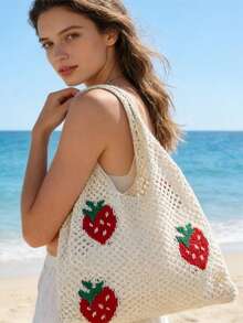 女士草莓印花钩编沙滩手提包，大容量夏季度假包，敞口白色涤纶材质，便携式镂空天然面料沙滩包 - 彩色 - 查看 2