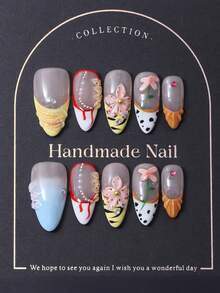 Set de 10 pegatinas de uñas con forma de almendra, estilo francés multicolor y patrones 3D tallados a mano y diseños florales y de lunares de strass pintados a mano, perfecto para la vida diaria y disfraces en el festival de música de Coachella. Incluye 1 pieza de gel de gelatina y 1 pieza de lima de uñas. Suministros de uñas - Multicolor - Ver 2