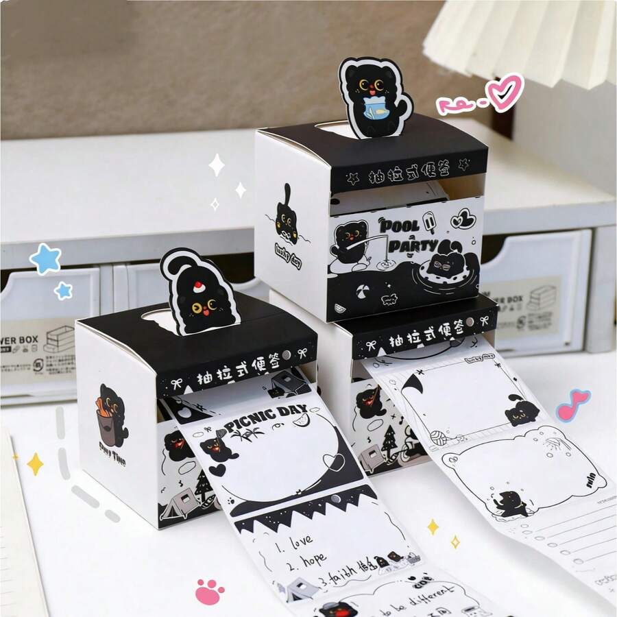 128张可爱黑猫造型便签纸 - 可爱的立体弹出式便签本，带可移除页面和粘性标签，适用于学校、家庭、办公室、会议用品、计划本、笔记本电脑，可爱文具 - 可爱的桌面配件（兼容卡通风格） - 彩色 - 查看 1