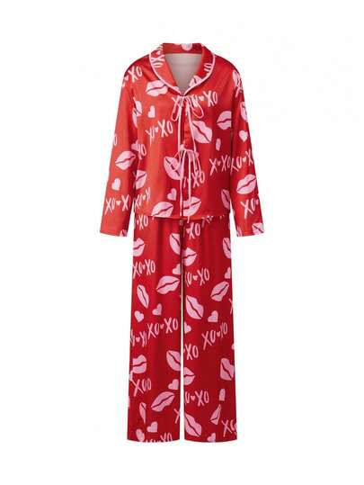 Women's Valentine's Day Pajama Set Long Sleeve Lapel Heart Lip Print Shirt And Pants Sleepwear