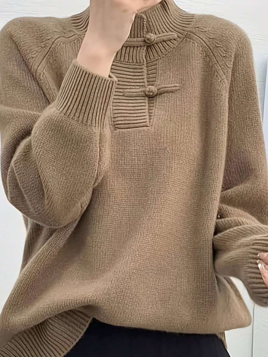Recomendado Nueva Moda Femenina Color Sólido Cuello Alto Abotonado Acordonado Manga Larga Suelta Top Multiuso para Otoño/Invierno ¡Top de Temporada - カ ー キ - Ver 1