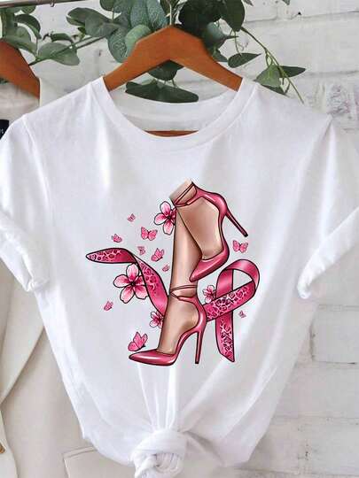 Camiseta de mujer con estampado de cinta de conciencia sobre el cáncer de seno, diseño casual de cuello redondo para primavera y verano. Tranite atención y apoyo para la prevención del cáncer de seno, y con un estilo fácil que va un significado ntrópico. 100% algodón