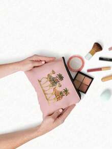 优雅骆驼椰树印花化妆包，可重复使用的骆驼图案化妆袋，轻便，化妆品及洗漱用品收纳包，拉链化妆包，轻便零钱包，洗漱包，储物袋，旅行配件，购物佳品，用途广泛，可用于收纳化妆品、化妆刷、配件，新年、情人节、斋月礼物