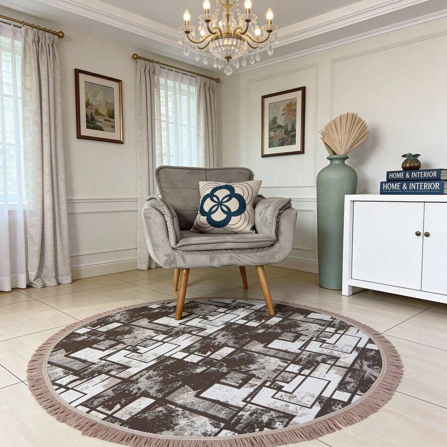Round Geometric Living Room Rug 1.50x1.50 With Non-Slip Backing - Coffee Brown - View 1