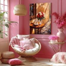 1pc Valentine Wall Art, Token Of Love, A Pink Framed Wall Art, Wrapped Canvas Poster Vintage Prints, Red And White Roses, Wooden Table, Cup Of Coffee, Birthday Party Decor, Decorative Wall Art for Living Room Bedroom Office, Hanging Hardware Included - Wrapped Framed Canvas, Vertical - Lienzo enmarcado - Ver 8