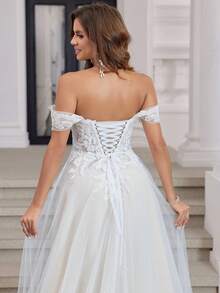 White Stiffening Net And Champagne Lining Off-Shoulder Detachable Tulle Long A-Line Sparkly Embroidery Wedding Dress, Elegant And Sexy, Suitable For All Seasons - Beige - View 4