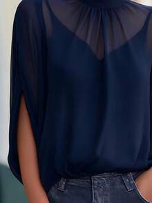 1pc Women's Summer Chiffon Sheer Elegant Fashion Mandarin Collar Cape Sleeve Cover Up, Suitable For Casual, Date Night, Holiday, Office, Home Wear In Summer - Royal Blue - View 3