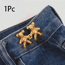 2pcs Gold Cartoon Bear Pants Buttons, Detachable Metal Waist Buttons Without Sewing