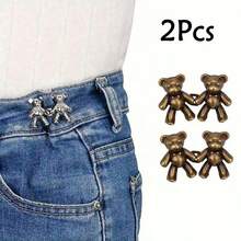 2pcs Gold Cartoon Bear Pants Buttons, Detachable Metal Waist Buttons Without Sewing